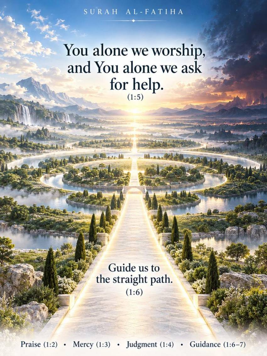 Al-Fatihah artwork from The Quran Visualized: a luminous path through a garden, with reflections on worship, help, and guidance.