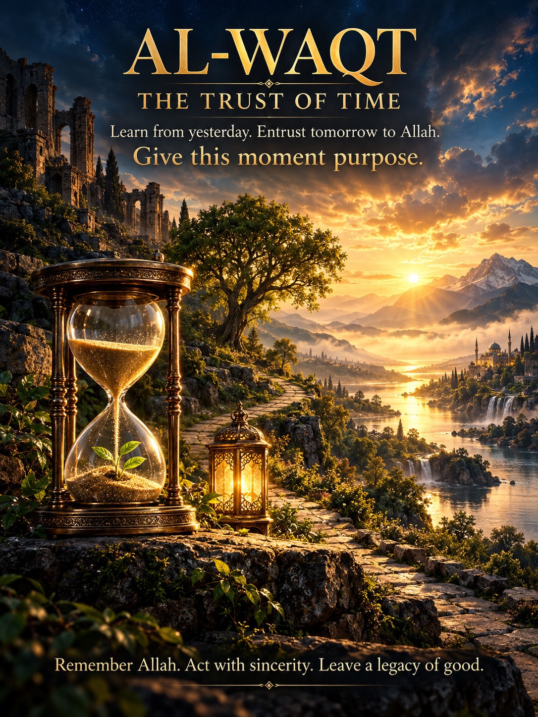 Al-Waqt — The Trust of Time: an hourglass and a seedling in a sunset landscape. Learn from yesterday. Entrust tomorrow to Allah. Give this moment purpose. Remember Allah. Act with sincerity. Leave a legacy of good.