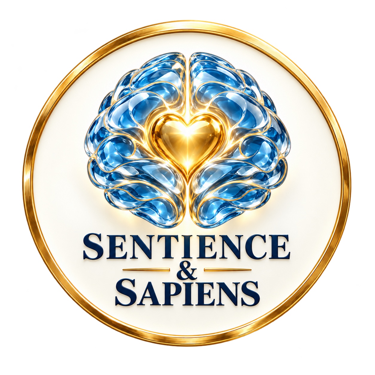 Sentience and Sapiens emblem: a blue glass brain with a golden heart inside a gold circle.